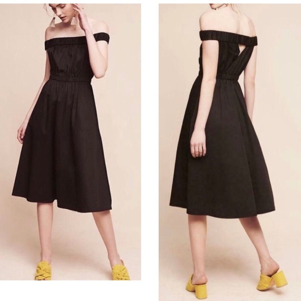 Anthropologie Maeve Mona Dress Black Off Shoulder Cutout Back Cotton Size Medium